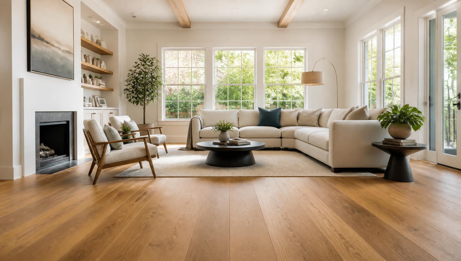 Bright living room with wide-plank natural hardwood floors installed by Providence Flooring in South Jersey.