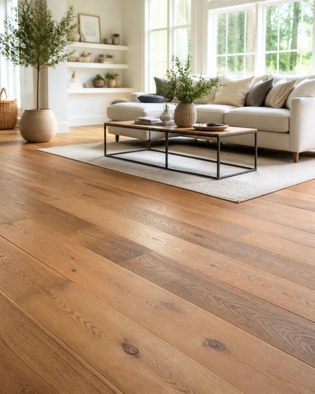 Bright living room with wide-plank hardwood flooring